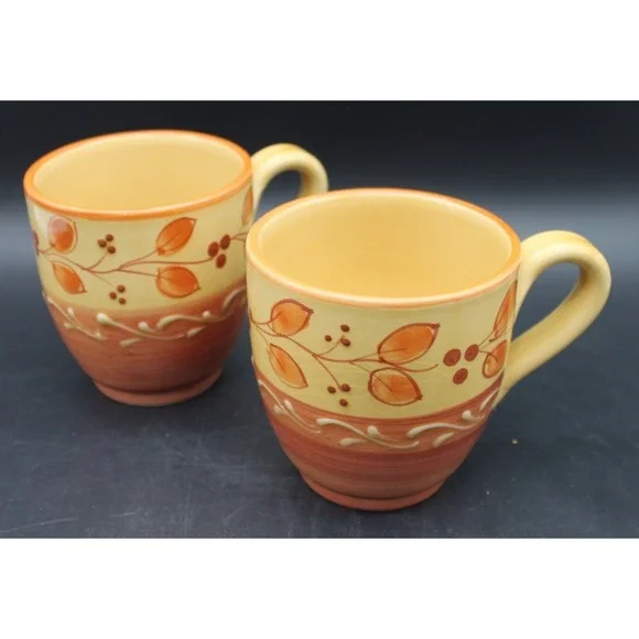 Pier 1 Genoa Coffee Mugs Set of 2 Hand Painted Italian Earthenware Leaves 4