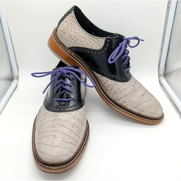 Gray Crocodile Embossed Black Cole Haan Colton Saddle Oxford Dress Shoes Sz 9.5