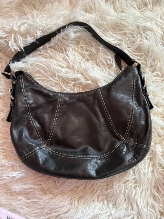 Michael Kors Black Leather Hobo Shoulder Bag White Contrast Stitch Y2K