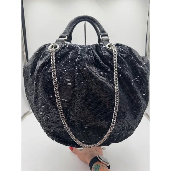 Oryany Black Sequin Hobo Bag Leather Trim Silver Chain Strap Tote wth Pouch