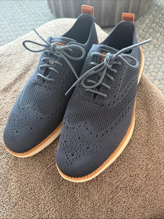 Cole Haan Navy Knit Wingtip Derby with Tan Trim