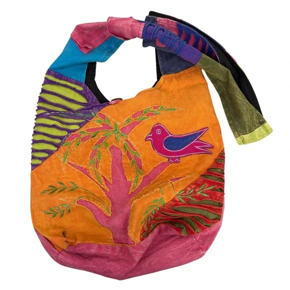 Kathmandu Imports Bag Womens OS Multicolor Embroidered Bird Hobo Sling Cotton