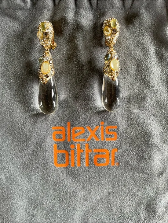 Alexis Bittar Modernist Gold Gem Encrusted Drop Clip Earrings