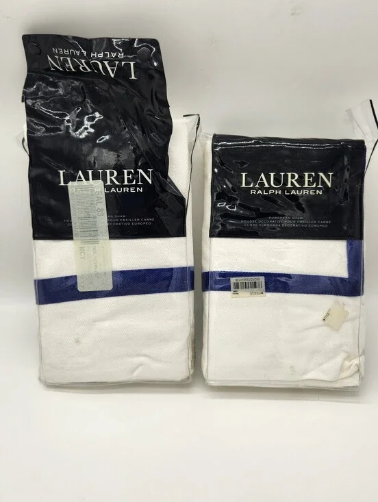 Lauren Ralph Lauren Jensen Twill Euro Sham Set of 2 White Navy 26x26 New