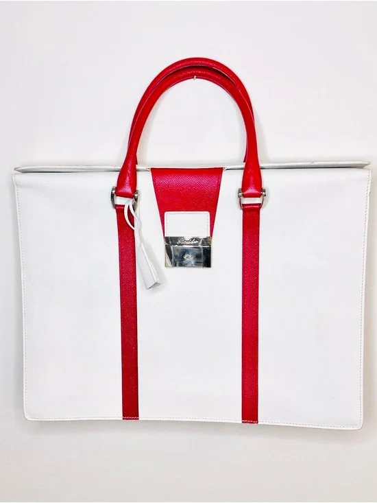 Brahmin White Structured Satchel w/ Red Trim & Silver Clasp