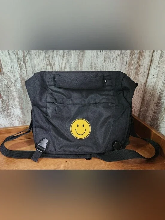 Port Authority Nylon Black Laptop Messenger School College Bag Smiley Face 😃