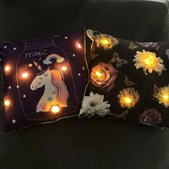 Light Up LED Decorative Unicorn Pillow Case & Flowers Pillow Case 18”x18” NEW