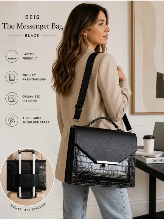 Brand New BEIS Black Croc-Accent Messenger Laptop Bag