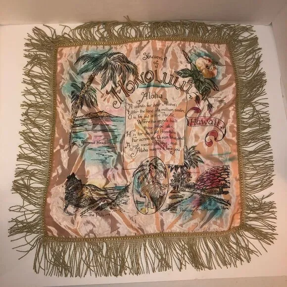 Vintage Honolulu Hawaii Satin Souvenir Pillow Cover Fringe Aloha Mid Century