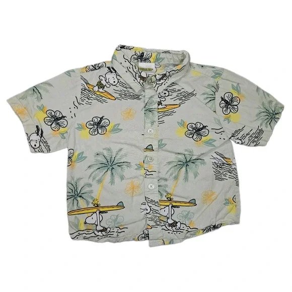 Peanuts Snoopy Surfing Hawaiian Shirt Boys Button-Up 3T‎ Green Short Sleeves