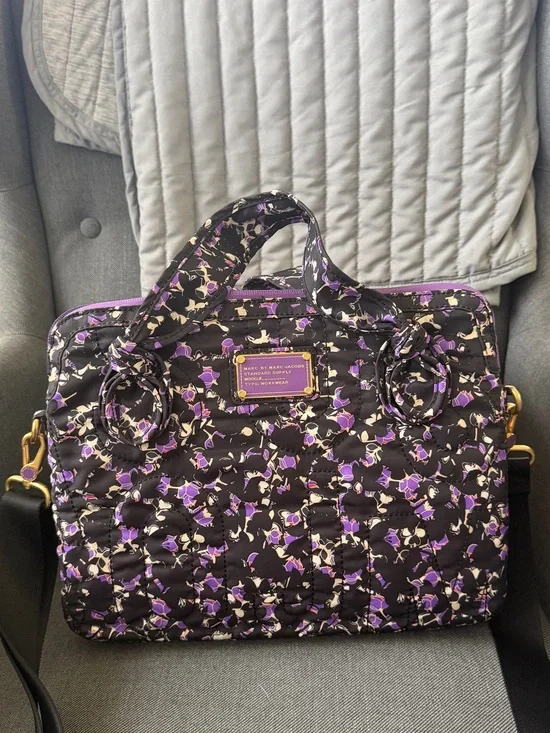 Marc by Marc Jacobs Black Quilted Floral Laptop Tote with Purple Accents