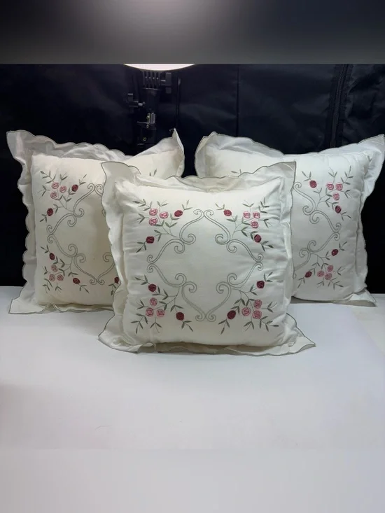 3 Vintage White Embroidered Pillow Cases 15x15 Cottage Core, Granny Core Grandma