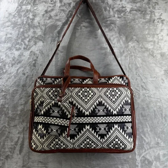 UMTA Jacquard Laptop Bag Unisex Large Black White Aztec Print Briefcase