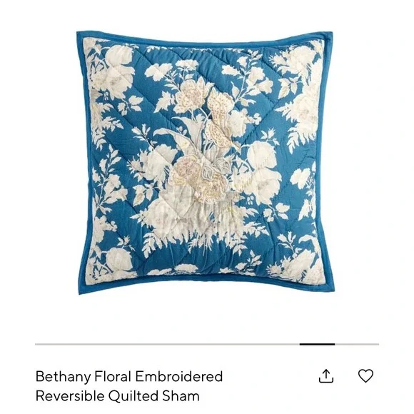 Pottery Barn Bethany Floral Embroidered Reversible Quilted Euro Sham 26x26 Blue