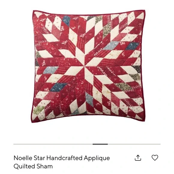 Pottery Barn Noelle Star Handcrafted Applique Quilted Euro Sham Red 26x26