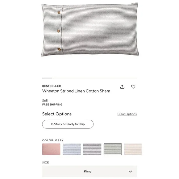 Pottery Barn Wheaton Striped Linen Cotton King Sham Gray White Button Closure
