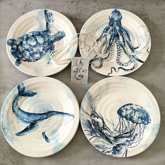 NWT Pier 1 Sea Life Adventure Set/4 Salad Plates Octopus Whale Jellyfish Turtle