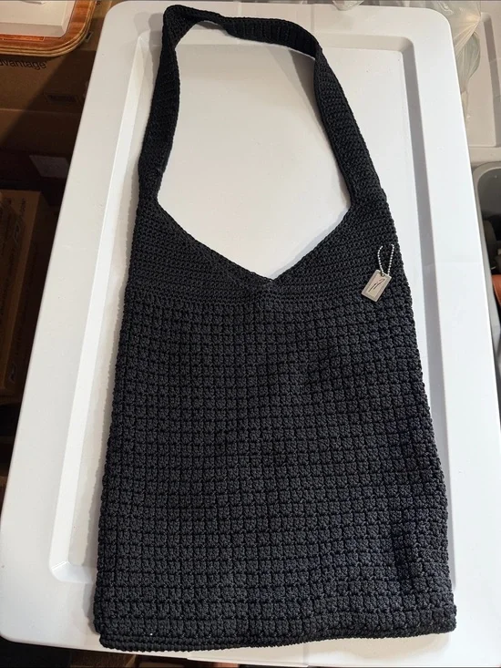 Jacquelyn Lane Black Crochet Hobo Shoulder‎ Bag Knit Boho Tote Purse