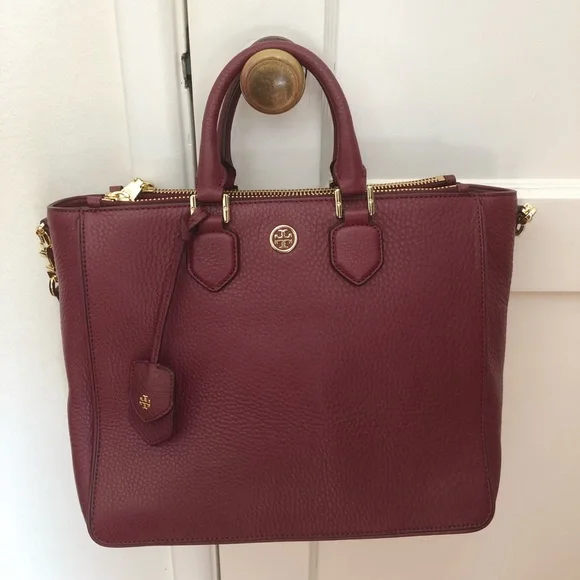Tory Burch Pebbled Leather Tote in Burgundy with Gold Hardware