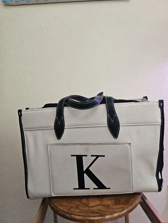 Top design Canvas Laptop Tote Bag in Cream with Black Trim