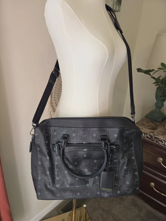 Authentic MCM Black Leather Travel Satchel Shoulder, Laptop Bag