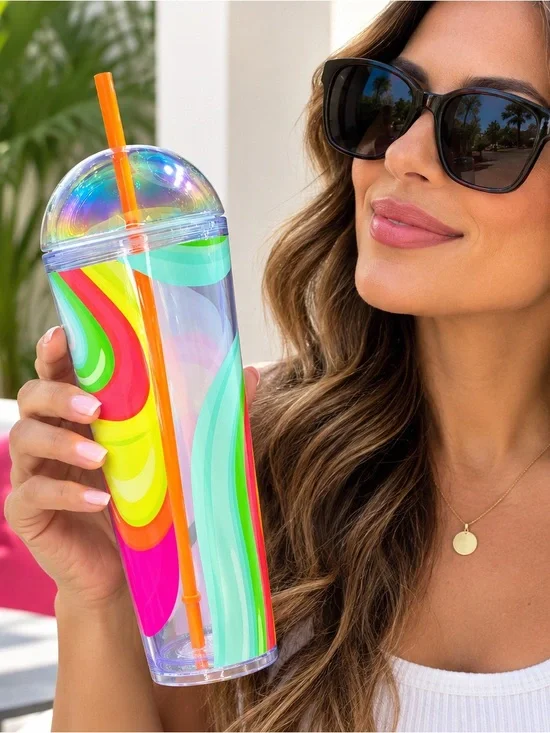 Starbucks 24oz Rainbow Swirl Cold Cup Iridescent Dome Lid Orange Straw NEW