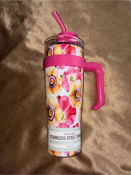 Floral Pink Stainless Steel Tumbler with Handle and Straw