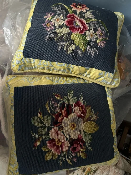Floral Needlepoint Throw Pillow in Navy and Yellow Trim