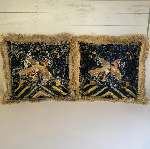 Vintage Chinese Embroidered Bird Rank Badge Pillows Possibly Silk Pair 12”