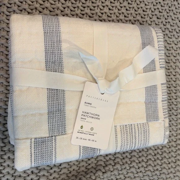 Pottery Barn Hawthorn Patchwork Euro Sham Blue White Striped Quilted 26x26 NEW