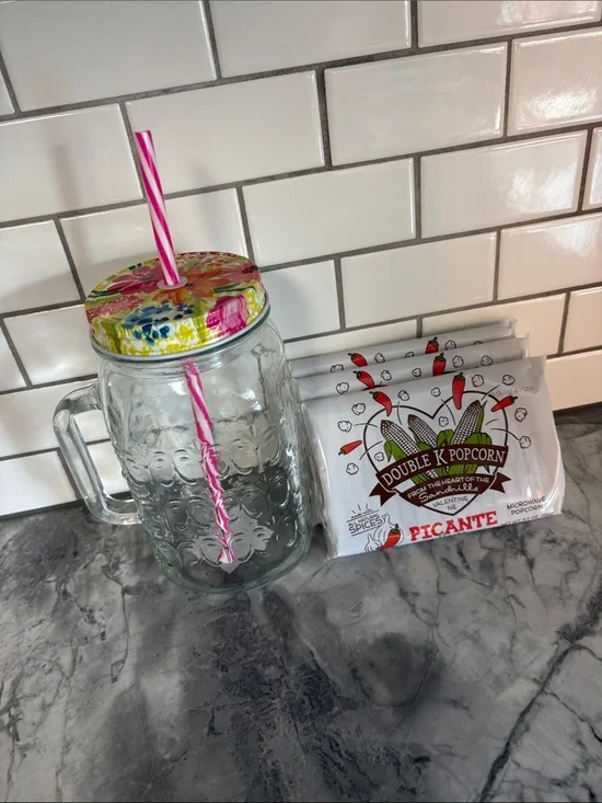 Mason jar with straw:) and 3 Picante Microwave Popcorn - perfect for movie night