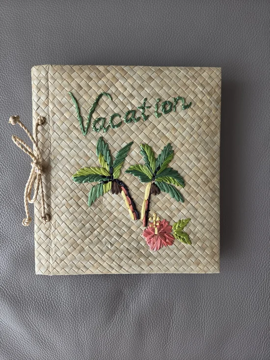 Pottery Barn Natural Woven Vacation Album with Green and Pink Embroidery