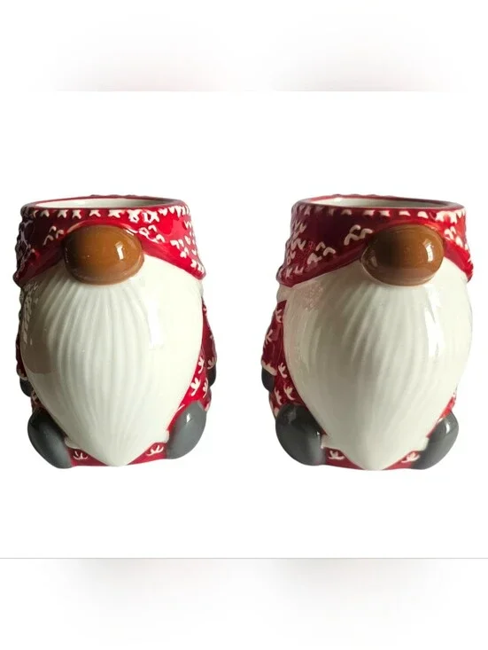 Pottery Barn Red & White Christmas Gnome Mugs Set of 2 - NEW