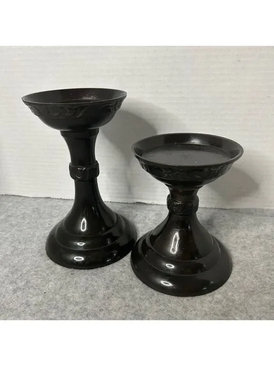 Pottery Barn Metal Candle Pillars Etched Set of 2 Black Brown Sml Flaw See Pic