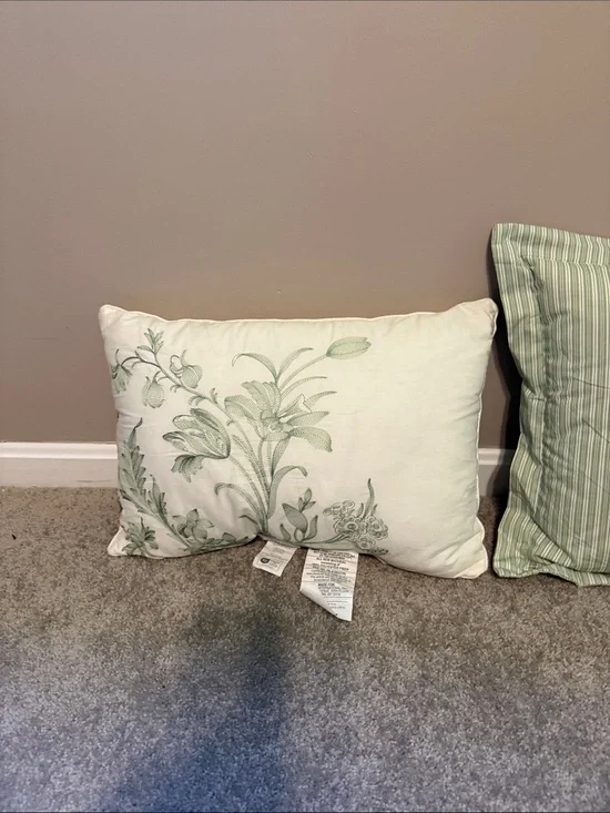 Laura Ashley Cream Pillow with Sage Green Botanical Embroidery set of 2 pillows