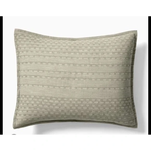 West Elm King Sham Embroidered Dash Stripe Sage Green Neutral Bedding New