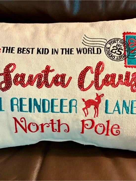 Holiday Embroidered and Sequins Santa Claus Decorative Pillow - Red & Teal Text