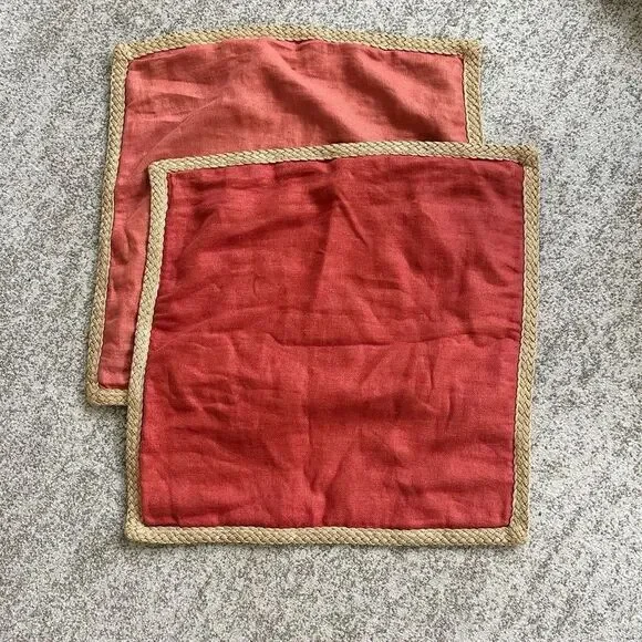 Pottery Barn Rust & Tan Raffia Trimmed Pillow Covers 20”x20”