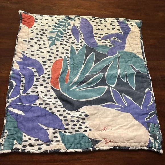 Anthropologie Pillow Sham EURO Quilted Melbourne Tropical Print Blue AS IS