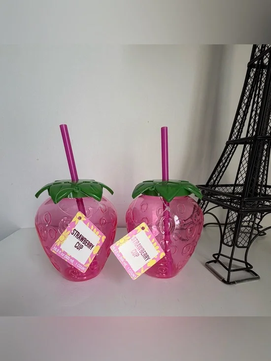 2 Strawberry Cup Pink Tumbler with Green Leaf Lid and Straw