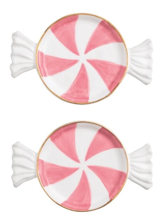 Mud Pie Pink & White Candy Swirl Ceramic Serving Plates with Gold Rim set/2