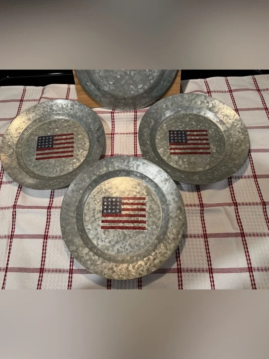New Pottery Barn Galvanized American Flag Indoor/Outdoor Salad Plates, S/4