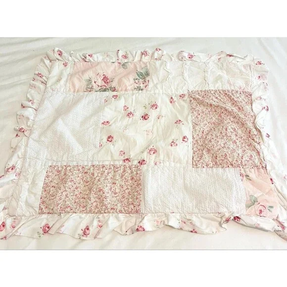 Vintage Simply Shabby Chic Pink Rose Floral Quilt Ruffled Throw Pillow Cover