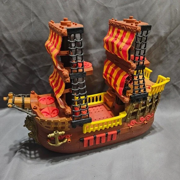 Vintage Fisher-Price Imaginext Pirate Ship Brown Yellow Red Sails 2006 Mattel