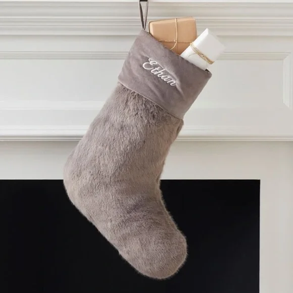 NWT Pottery Barn Faux Fur Christmas Stocking, Large, Nickel Gray