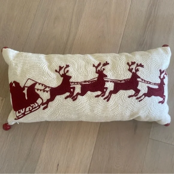 Pottery Barn Crewel Christmas Pillow Santa Reindeer Sleigh Bells 24 x 12