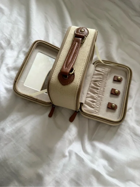 Pottery Barn Beige Canvas Jewelry Travel Case with Brown Leather Trim