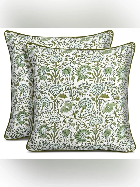 CPC Agate Green Block Print Throw Pillow Covers 24x24 Inch, Set of 2 Floral Boho