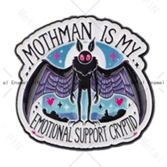 Mothman Is My Emotional Support Cryptid Enamel Pin Purple Black Lapel Badge NEW
