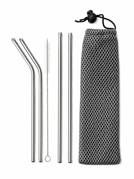 6PC Reusable Stainless Steel Straws Set Eco Friendly Kit + Mesh Travel Bag